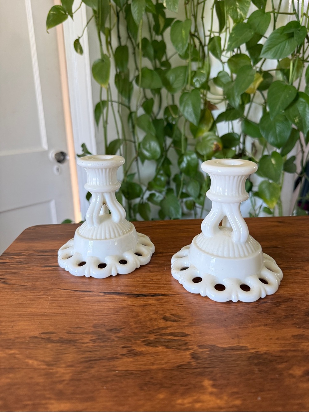 Classic White Milk Glass Candle Holders - Pair